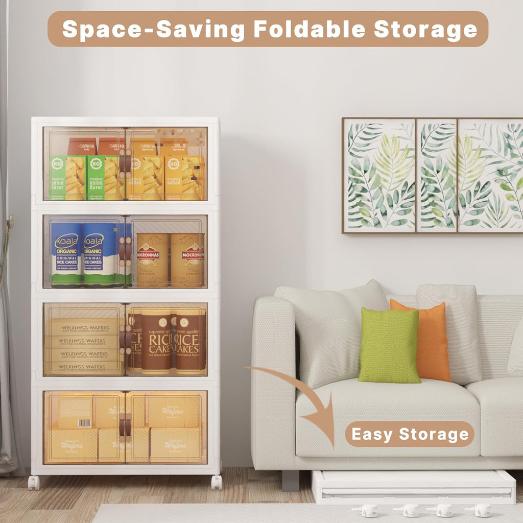 Extra Large Stackable Storage Bins with Lids & Wheels, Foldable Collapsible Closet Organizers Storage Cabinet with Doors for Bedroom Dorm (White, 480QT-120QT/30GAL*4Pack)