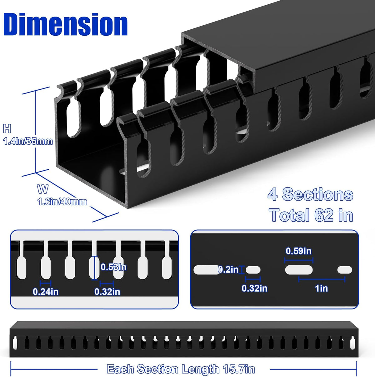 63in(4X L15.7in) Professional Server Rack Cable Management Raceway, H1.4 x W1.6in Cable Raceway Kit, Electrically Safe PVC Open Slot Wire Raceway for Under Desk/Computer/Network Cords, Black