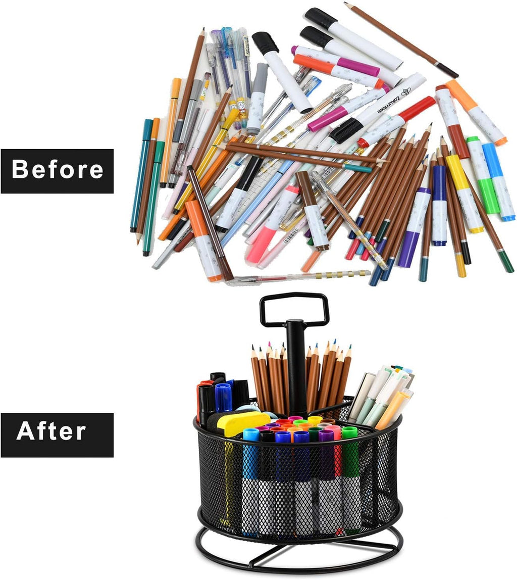 Marbrasse Mesh Desk Organizer, 360-Degree Rotating Multi-Functional Pen Holder, 4 Compartments Desktop Stationary Organizer, Home Office Art Supply Storage Box Caddy (Black)
