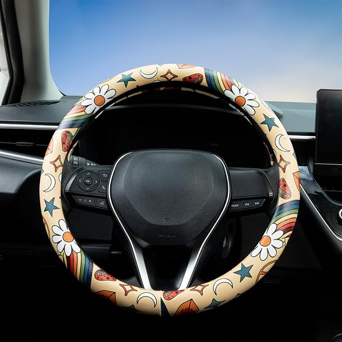 Rainbow Love&Peace Steering Wheel Cover Auto Jacquard Steering Wheel Protector, Anti-Slip, Breathable, Absorbing Sweat, Universal Car Accessories 14.5–15 inch,Fit for Most Car, Trucks, SUV