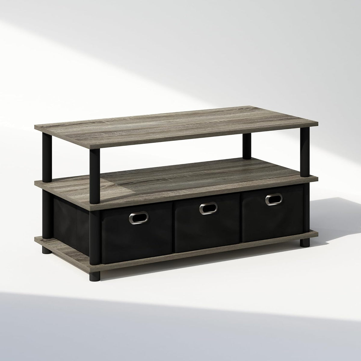 Furinno Turn-N-Tube Shoe Rack, Compact Shoe Organizer, Multipurpose Shoe Storage with Bin Drawers and Open Shelves, 15.5 x 31.2 x 15.4, for Closet Entryway, Office, Garage, French Oak/Black/Black