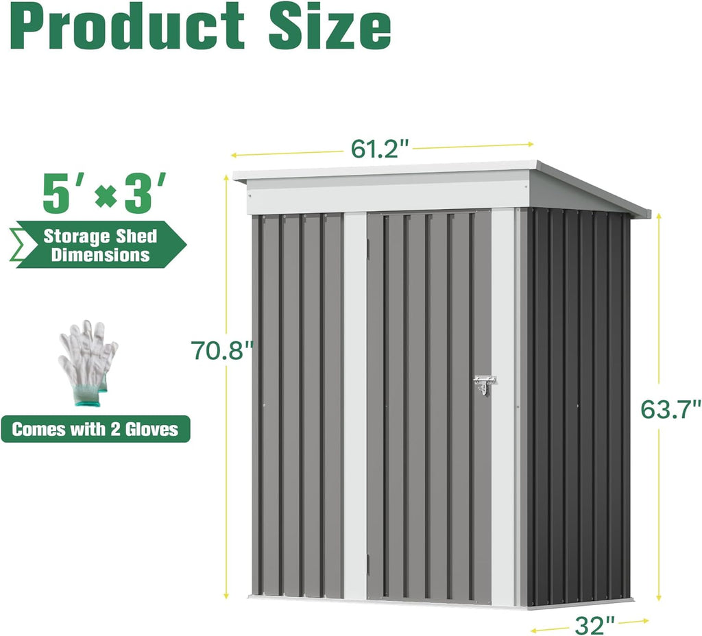 Flamaker 5x3 FT Storage Shed Waterproof Metal Garden Shed with Lockable Door Utility Tool Shed Outdoor Storage for Backyard, Patio and Lawn, Grey
