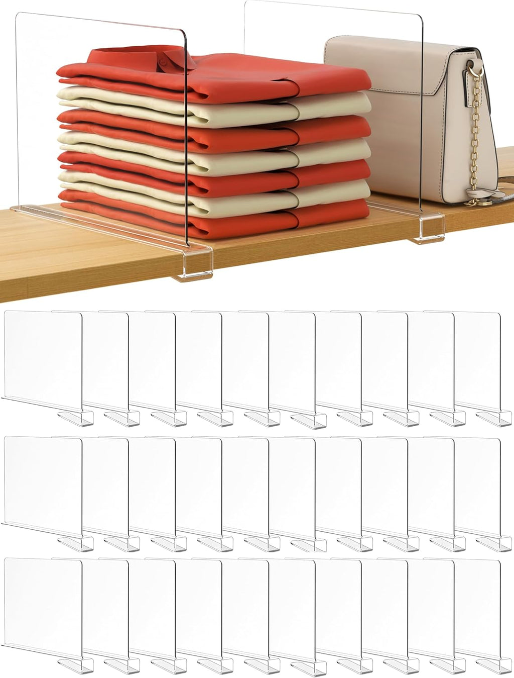 HBlife 30 Pack Clear Shelf Dividers, Vertical Purse Organizer for Closet Perfect for Sweater, Shirts, Handbags in Bedroom and Kitchen, Adjustable Acrylic Bookshelf for Organization