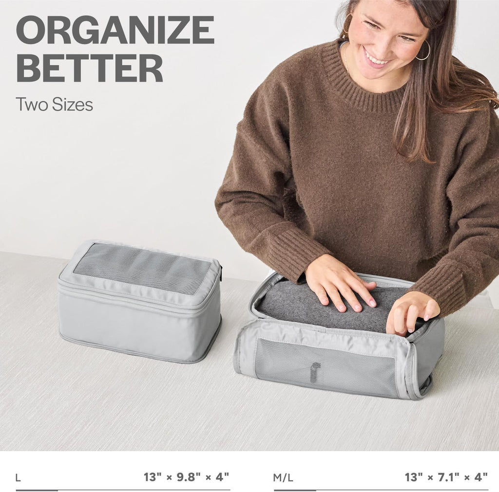 Aerotrunk Compression Packing Cubes for Travel - Luggage Organizer Bags - Double Zipper Packing Cubes for Suitcases (2-Pack, Light Grey)