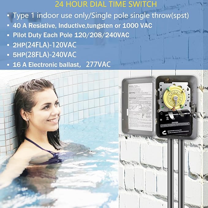 T101M Pool Timer Mechanism Only, Pool Pump Timer, 120V 2HP SPST 40A Time Switch