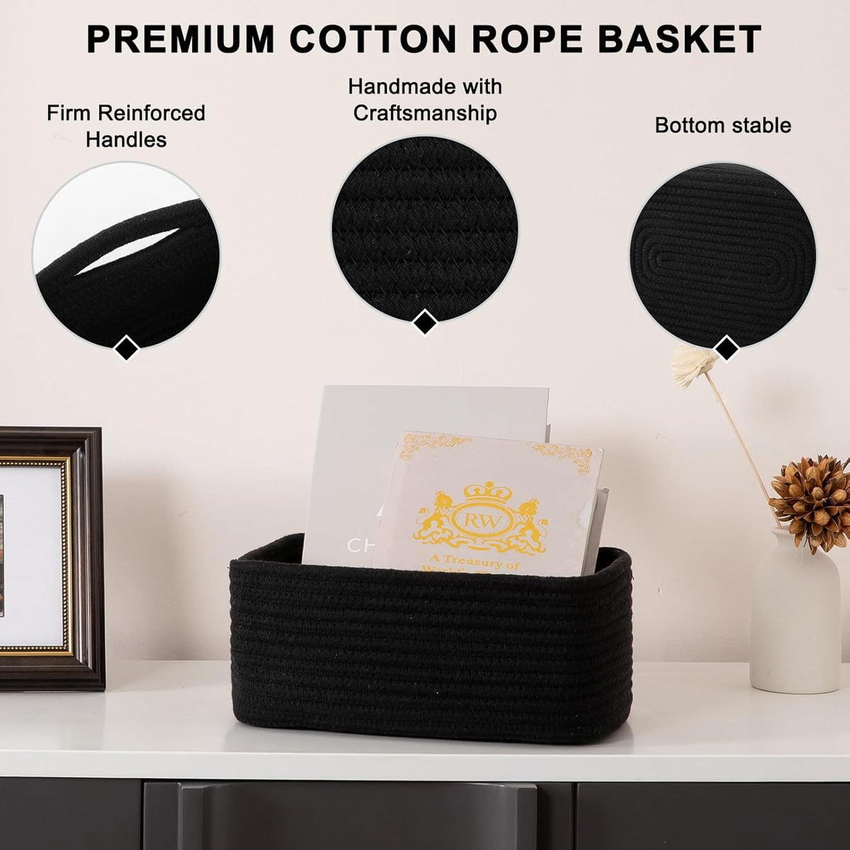 4 Pack Small Storage Shelf Baskets for Organizing, Mini Woven Rope Storage Bins for Towels, Cute Decorative Closet Organizer，Baby Nursery, Gift Empty Baskets -11.81''Lx7.87''Wx4.72''H-Black
