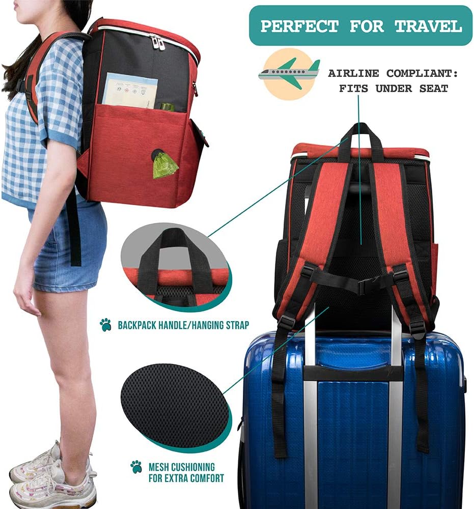 PetAmi Dog Travel Bag Backpack, Airline Approved Dog Bags for Traveling, Puppy Diaper Bag Supplies, Pet Camping Essentials Hiking Accessories Dog Mom Gift, Food Container, Collapsible Bowls, Red