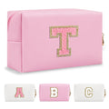 Personalized Initial A-Z Preppy Patch Makeup Bag,Small PU Leather Chenille Letter Cosmetic Bag with Zipper for Teen Girls,Pink Cute Travel Toiletry Bag,Birthday Monogrammed Gift for Daughter,Letter T