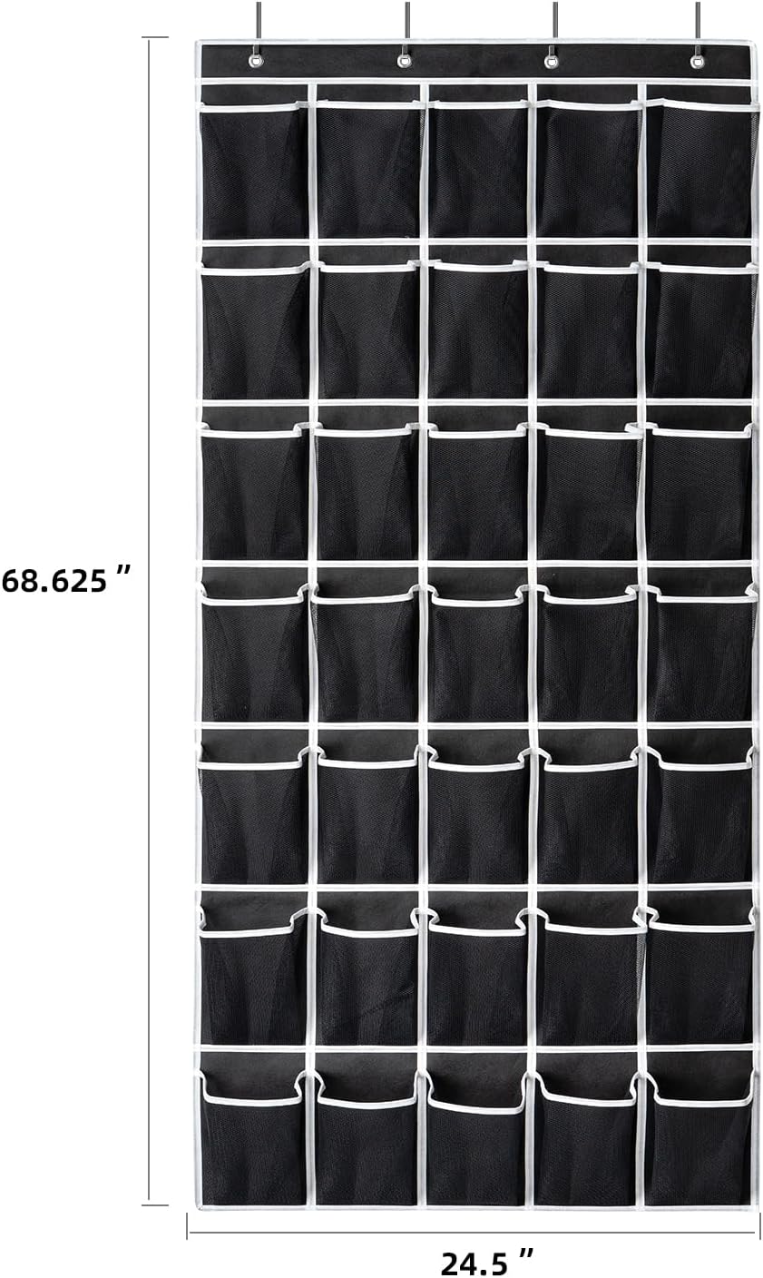 35 Pockets Over the Door Shoe Organizer, Hanging Shoe Organizer for Door with 35 Mesh Pockets Large Capacity Shoe Hanging Storage Bag with 4 Metal Hooks (Black-1Pack)
