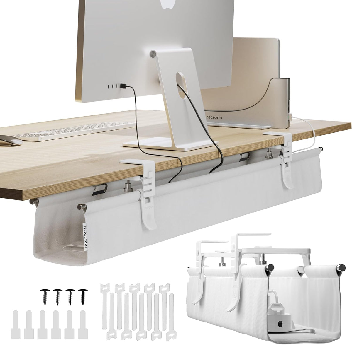Ascrono Original No Drill Under Desk Cable Management Tray 40.6" - Premium White Fabric Cable Management Under Desk - Clamp/Screw Mount Cord Organizer - Supports Upto 66lbs - Large