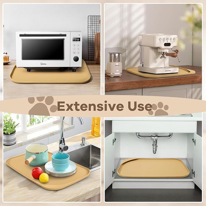 Smilool Silicone Pet Food Mat with Raised Edge for Food and Water Bowl, Dog Feeding Mats, Cat Food Trays for Floor Waterproof, Rubber Tray for Dogs and Cats, 17 x 12 x 0.7 Beige