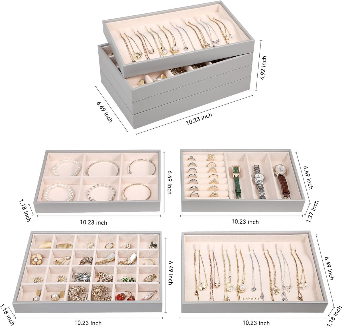 LANDICI Stackable Jewelry Organizer Trays 4 Set,PU Leather Jewelry Organizer Drawer,Jewelry Storage Display Tray for Earring Necklace Rings Bracelet with Removable Dividers,Grey