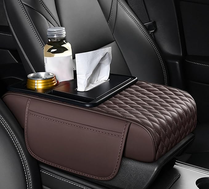 Car Armrest Center Console Cover for Audi Q3 2015–2025, Center Console Pad with Cup Holder, Multifunctional Armrest Cushion,C Coffee