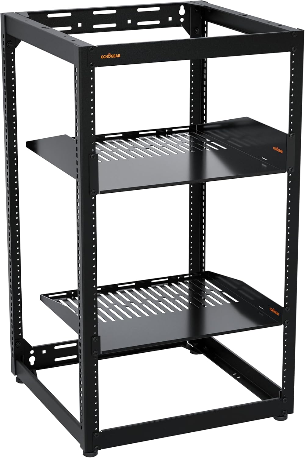 ECHOGEAR 20U Open Frame Rack for Servers & AV Gear - Wall Mountable Design Includes 2X Vented Shelves, 25x Rack Mounting Screws, 4X Leveling Feet, 4X Shelf Stops, & 2X Securement Straps