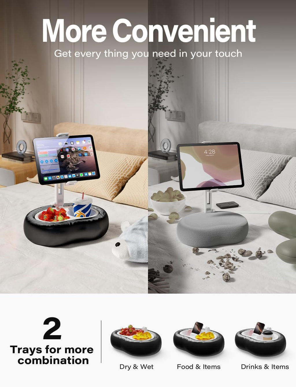 Tablet Kindle Pillow Stand Holder with 2 Trays Fit 4''-13'' Phone/Tablet/Kindle iPad Holder Stand for Bed with Soft PU Leather Reading Accessories Gift for Reading, Black