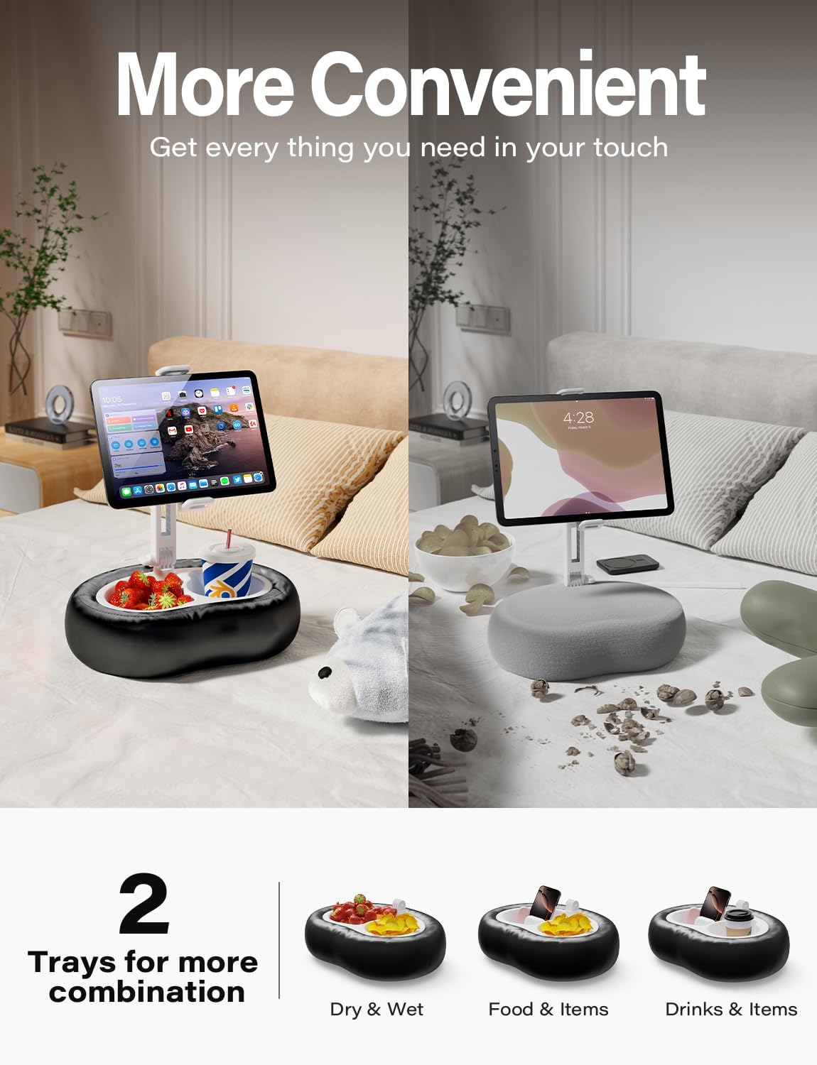 Tablet Kindle Pillow Stand Holder with 2 Trays Fit 4''-13'' Phone/Tablet/Kindle iPad Holder Stand for Bed with Soft PU Leather Reading Accessories Gift for Reading, Black