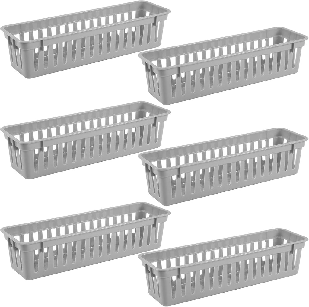6 Pcs Gray Slim Plastic Storage Baskets Tray 10 x 3 x 2.5 Inch Compact Stackable Desk Organizer for Office, Classroom, School Supplies, and Home Storage, Organization(Gray)