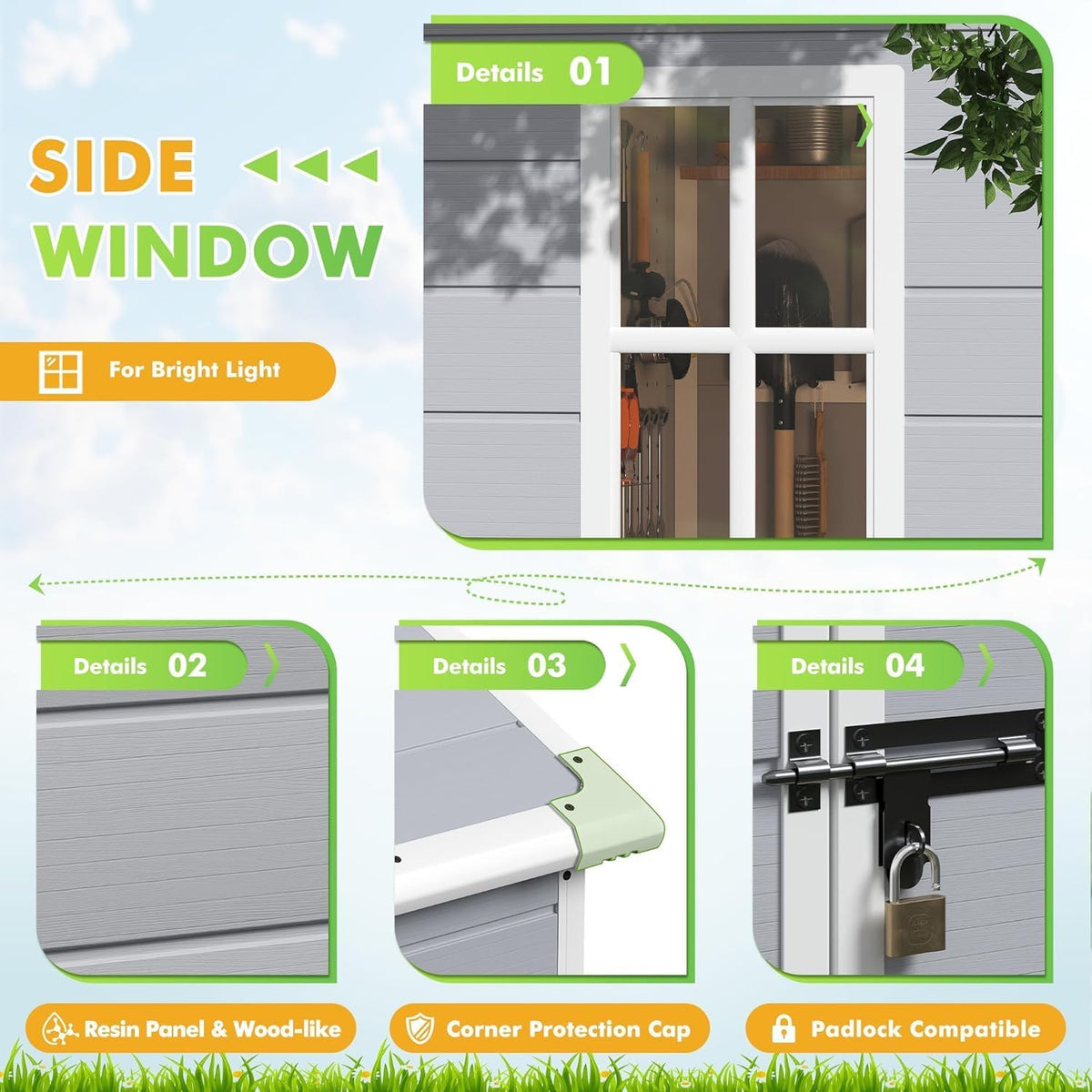 Devoko 6x4FT Outdoor Storage Shed with Lockable Door, Waterproof Plastic Resin Garden Shed Tool with Floor for Backyard, Patio, Lawn, Pool Supplies (Grey)