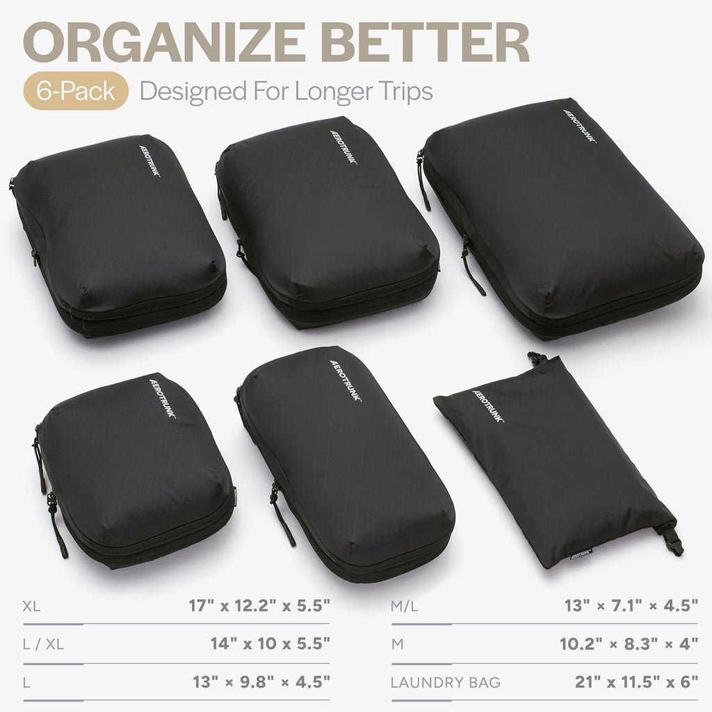 Aerotrunk Ultralight Compression Packing Cubes - Lightweight Travel Organizers for Suitcases and Luggage (6-Pack, Black)