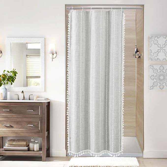 MitoVilla Grey Boho Farmhouse Small Stall Shower Curtain Set 36 x 72, Half Size Narrow Polyester Linen Fabric Shower Curtains for Farmhouse Bathroom Decor, Light Grey