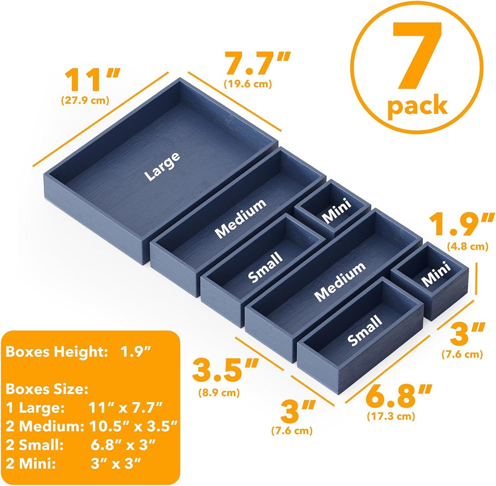 SpaceAid 7-Piece Bamboo Drawer Organizer Storage Boxes Set, Wood Tray Junk Drawer Organizers Multi-Use Divider Bins for Kitchen, Bathroom, Office Desk and Makeup Organization (7 Pack, Navy Blue)