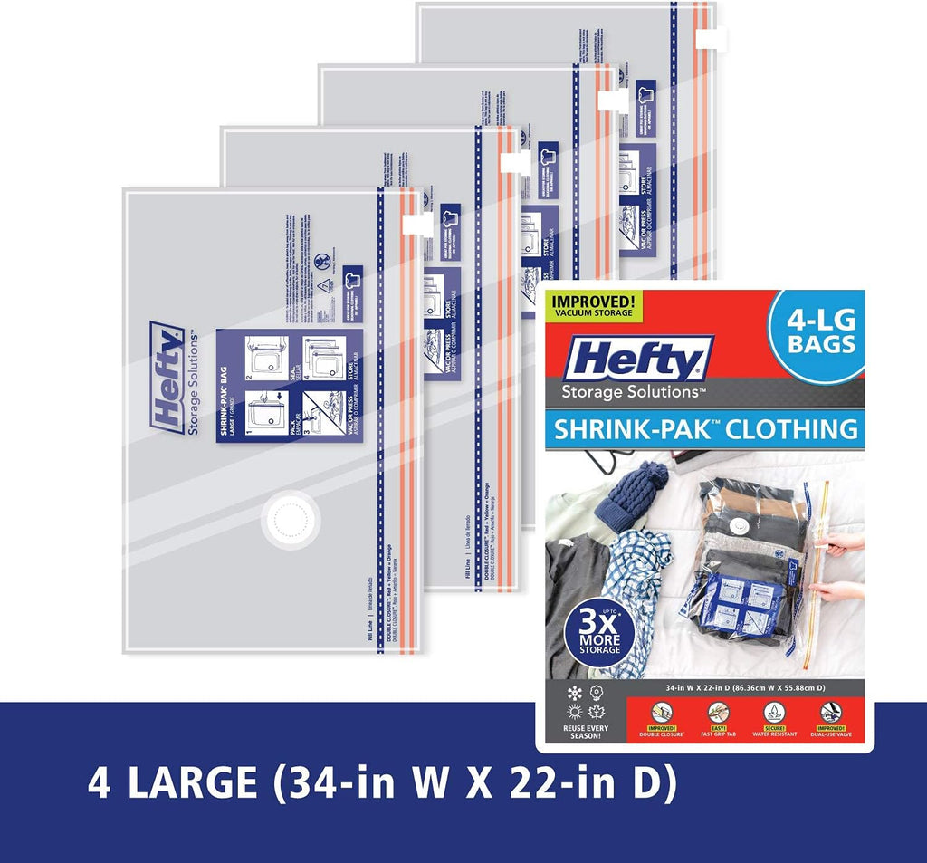 Hefty Shrink-Pak - 4 Large Vacuum Storage Bags for Clothes, Pillows, Towels, or Blankets - Space Saver Vacuum Sealer Bags Ideal Under Bed Storage Solutions