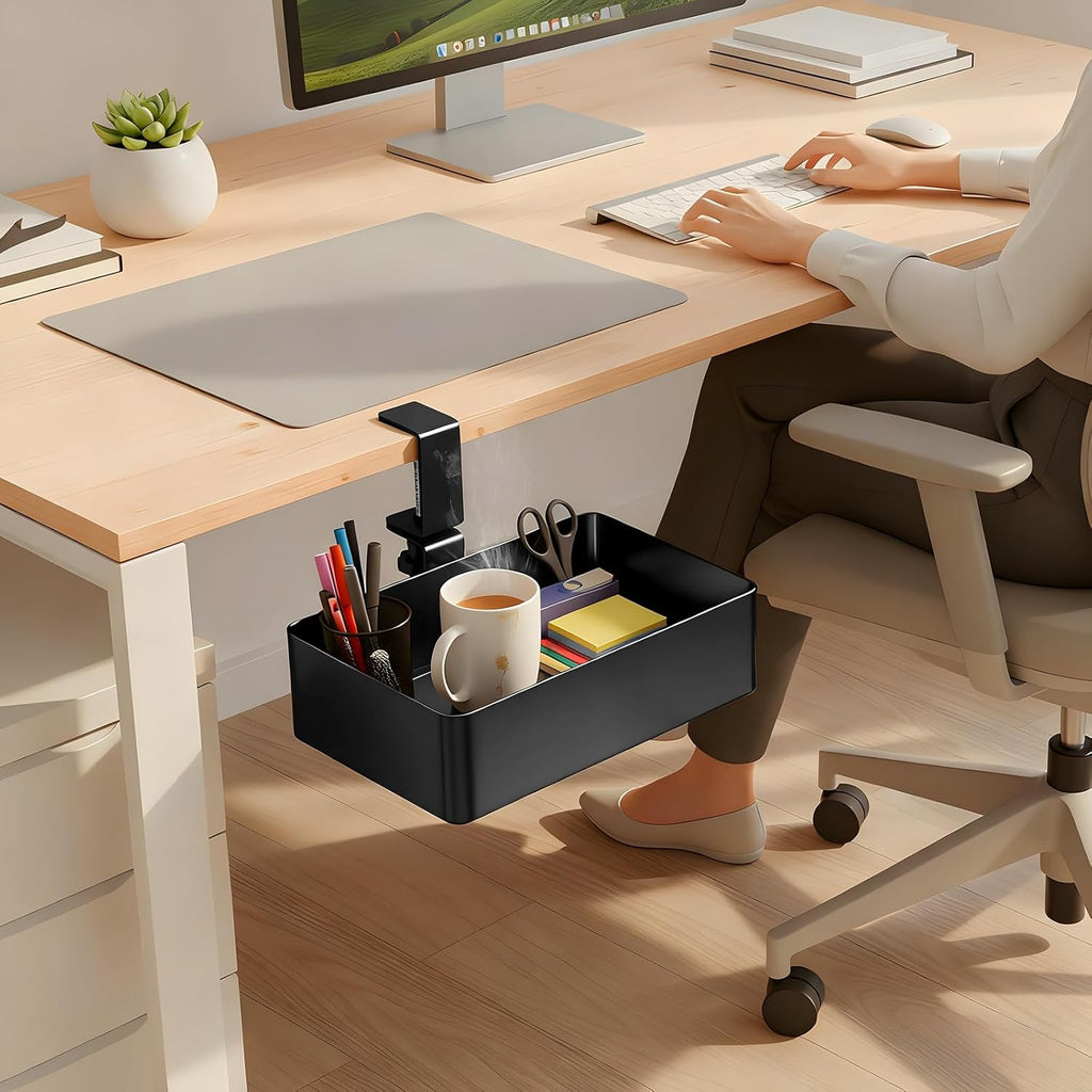 MYITYARD Under Desk Organizer, 360° Rotating Desk Cup Holder Clamp, Clamp on Drawer Under Desk Storage Organizer with Game Console, Phone, Cable Management for Office and Home (Rectangular)
