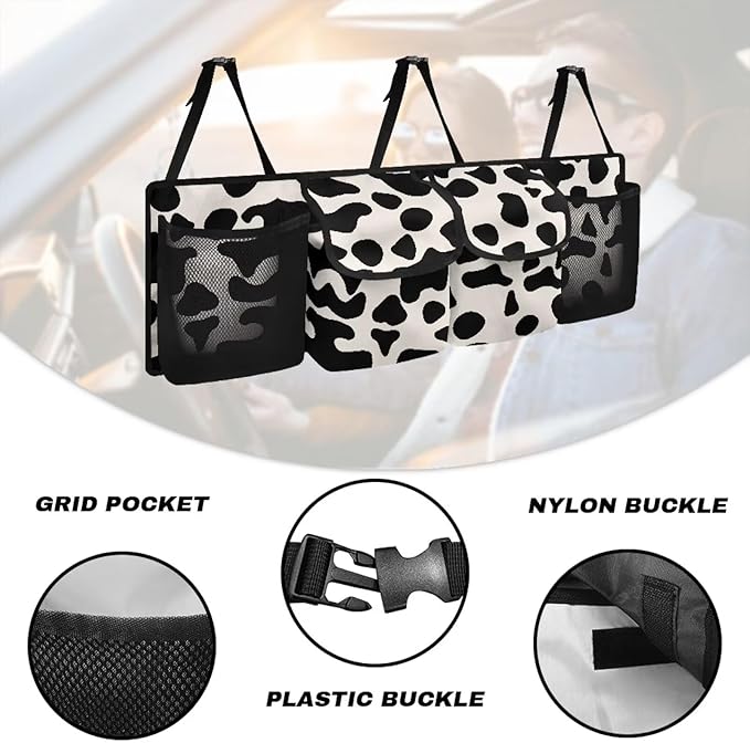 SEANATIVE Cow Print Car Trunk Organizer, Auto Waterproof Sturdy Backseat Hanging Large Storage Collapsible Cargo Bag with Anti-Slip Adjustable Strip, Vehicle Interior Accessories for Woman