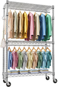 Heavy Duty Rolling Garment Rack 3 Tiers Adjustable Wire Shelving Clothes Rack with 2 Rods and Side Hooks, Storage Closet Clothing Rack with Wheels Chrome 17.7" D x 47.2" W x 83.6" H