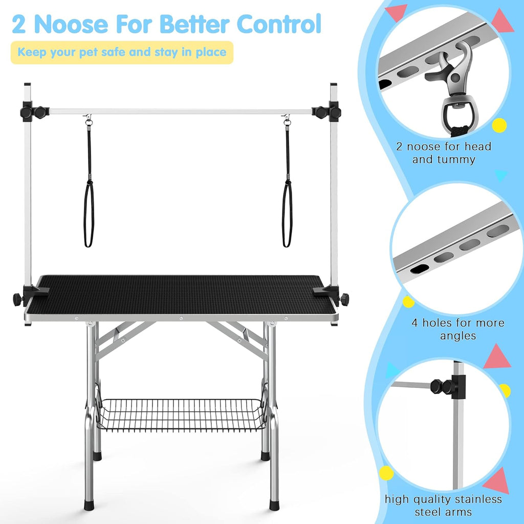 Lyromix 46''Large Dog Grooming Table, Adjustable Cat Drying Desktop with Arms, Nooses, Mesh Tray, Foldable Pet Station at Home, Maximum Capacity Up to 330Lb, 46inch, Black, 46in