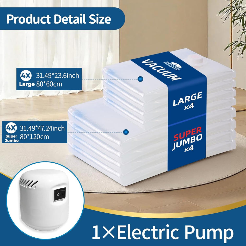 Vacuum Storage Bags with Electric Pump,8 Pack Extra Large Space Saving Vacuum Seal Bags for Bedding,Blanket,Comforters,Duvets,Pillows(4 Large+4 Super Jumbo)