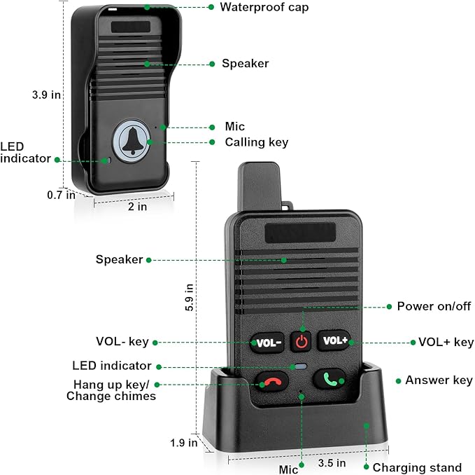 Wireless Doorbell, Hands Free Intercom Doorbells 1000ft Range, Full Duplex Two