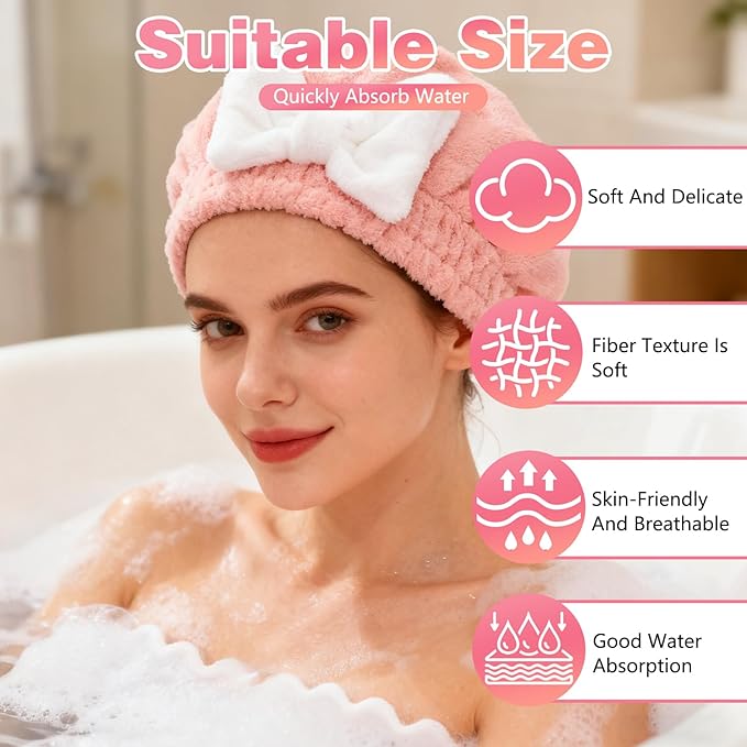 ploreatu Microfiber Hair Drying Caps, Christmas Absorbent Hair Towel Wrap for Women Wet Hair Quick-Drying Hair Towels, Soft Bow Tie Wet Hair Towel Wrap for Party Favors Goody Bag Filler (Pink+Blue)