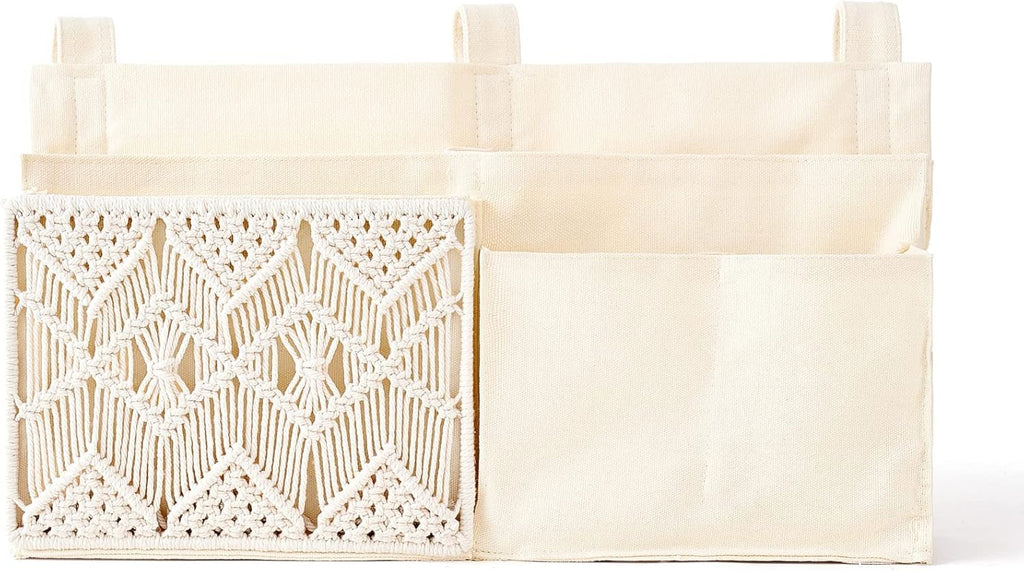 Mkono Bedside Caddy Hanging Organizer, Bunk Woven 7 Pockets Bed Storage Bag Boho Remote Magazine Books Holder with Macrame for Loft Bed College Dorm Bedroom Baby Bed Rails, Ivory