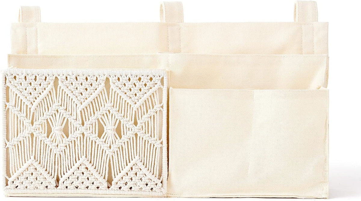 Mkono Bedside Caddy Hanging Organizer, Bunk Woven 7 Pockets Bed Storage Bag Boho Remote Magazine Books Holder with Macrame for Loft Bed College Dorm Bedroom Baby Bed Rails, Ivory