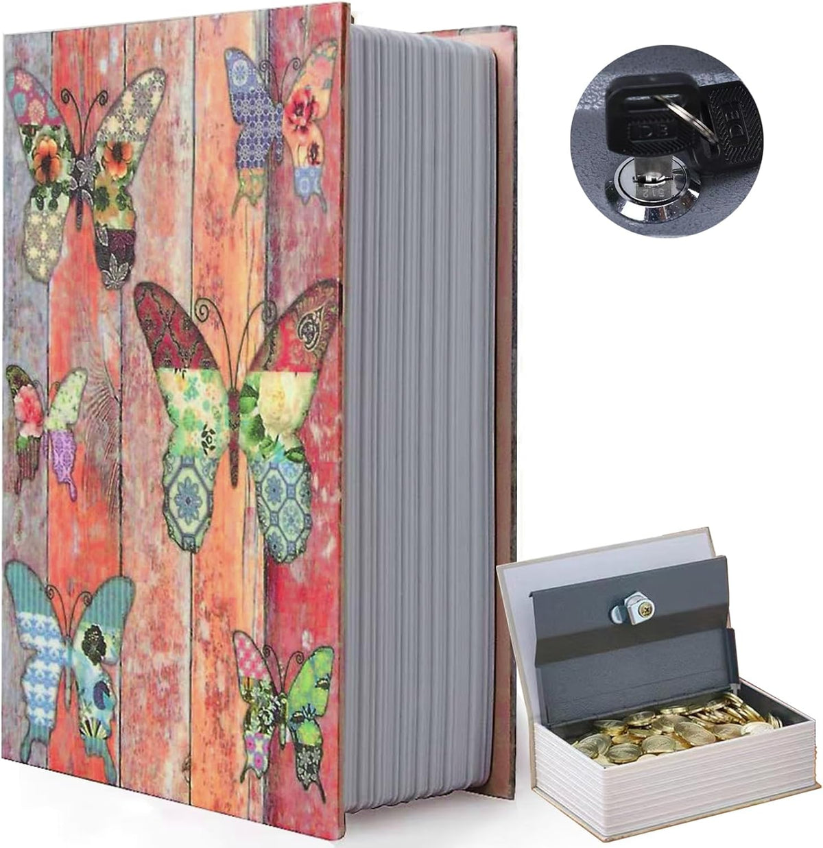 Butterfly Book Safe Box with Combination Lock, Vintage Faux Book Hidden Safe for Decoration, Secret Diversion Book Safe Storage Box for Home Office Café Bookshelf （9.5"×6"×2.2")