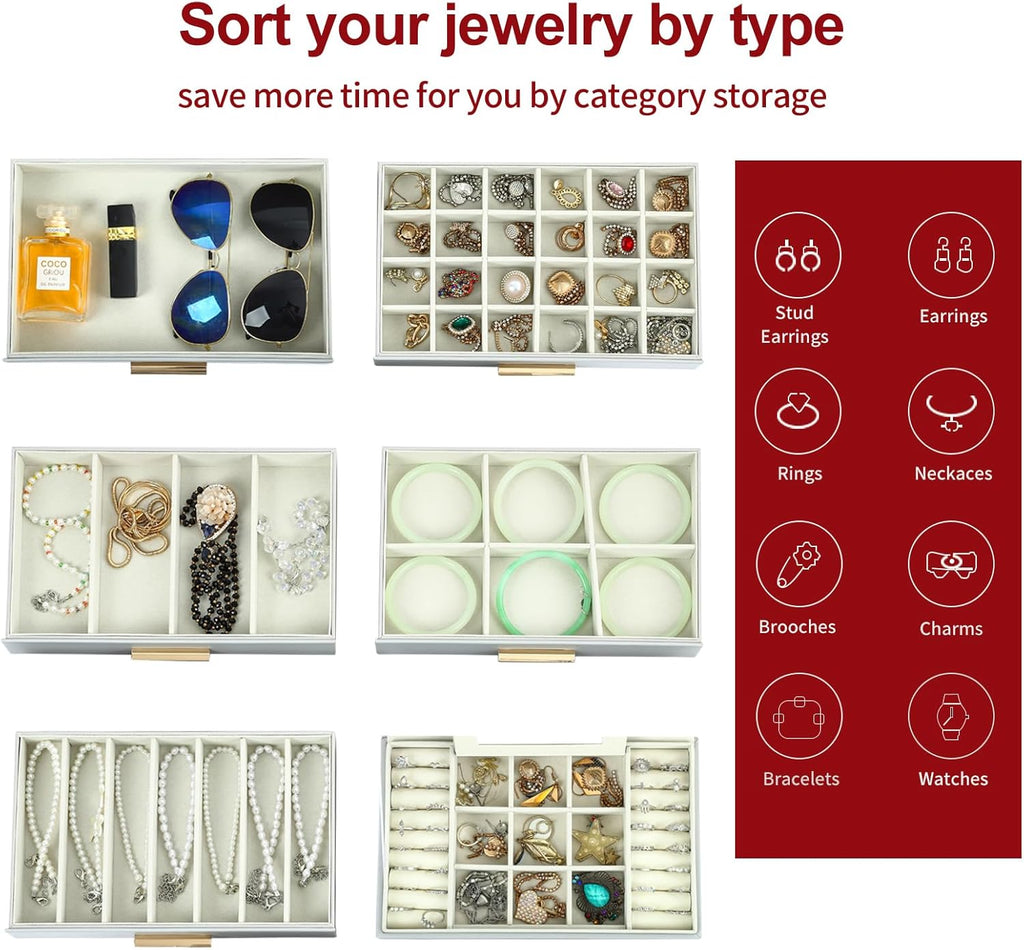 BOOVO Jewelry Box with Necklace Hanger – 6 layer Jewelry Organizer for Women with 5 Drawers, Large Jewelry Storage Boxes –Jewelry Organizers and Storage for Earrings, Necklaces (Grey, 6 layer)