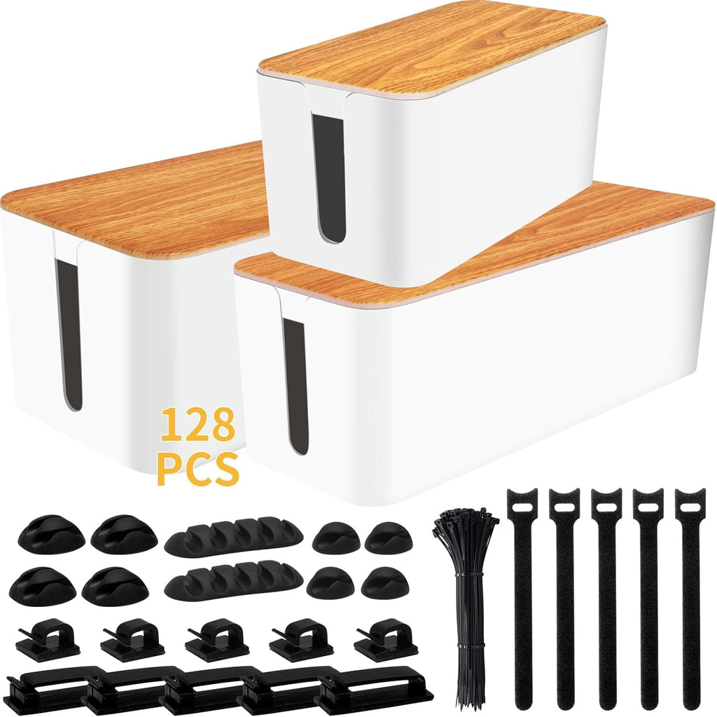YUANYE Cable Management Box Cable Management Kit for Power Strip to Hide Wires,Cord Organizer Boxes,Safe ABS Material Wire Organizer of Cable Clips Sleeve for Home & Office,3Pack-128PCS/White
