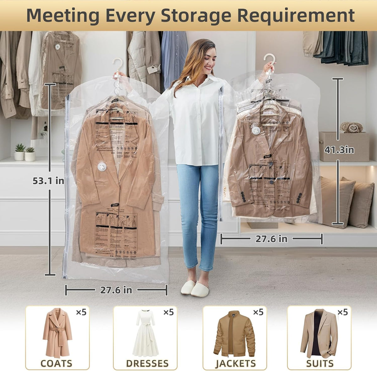 TAILI Hanging Vacuum Storage Sealer Bags Space Saver Bag for Clothing, Suits and Jackets, Closet Organizers, Travel, Set of 4 (2 Long, 2 Short), Clear