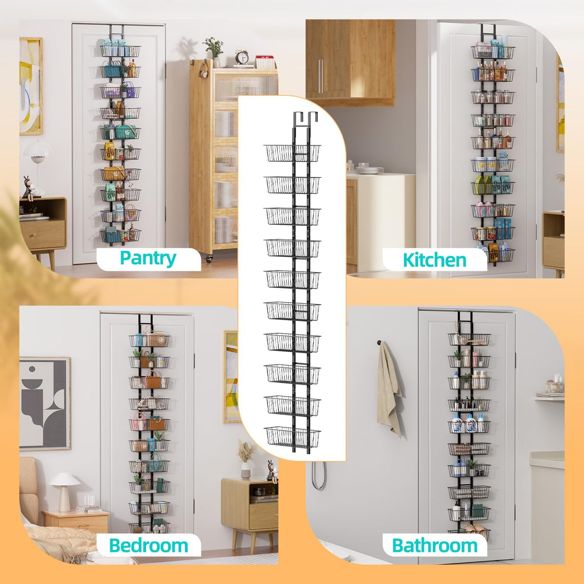 10-Tier Over The Door Organizer with Baskets - Heavy Duty Spice Rack Metal Hanging Shelf for Pantry & Kitchen | Adjustable Spice Rack, Space-Saving Hanging Storage for Bathroom, Laundry, Black