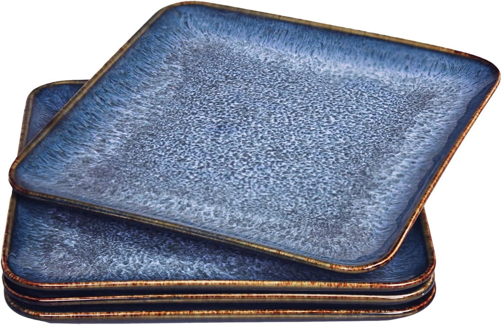 4-piece ceramic dinner plate set, suitable for steak, pasta and pizza, microwave- and dishwasher-safe, scratch-resistant, blue 9-inch square dinner plate