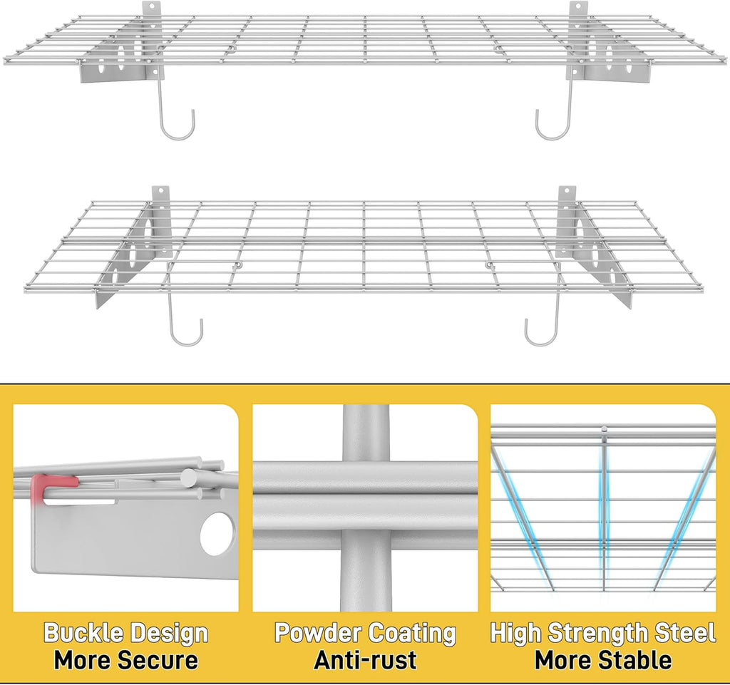 Ultrawall Garage Wall Shelves, 2 x 4 ft Wall Mounted Storage Shelves, Heavy Duty Wall Shelving with Hooks, Holds Up to 220 Lbs, 2Pack, White