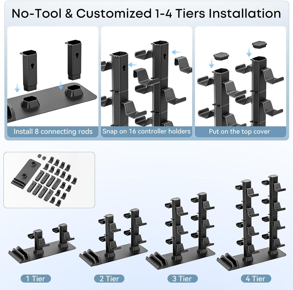 Headphone and Game Controller Desk Stand for PS5/ Xbox/ PS4 Controller, 4 Tiers Headset Hanger with Organizer for Switch 2/1/PS Portal Game Console, Multiple Controller Storage Dispay Rack-16 Hooks