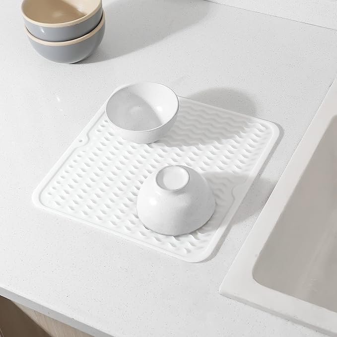 Silicone Dish Drying Mat for Multiple Usage,Easy clean,Eco-friendly,Heat-resistant Silicone Mat for Kitchen Counter or Sink,Refrigerator or Drawer liner White M 12 inches x 12 inches