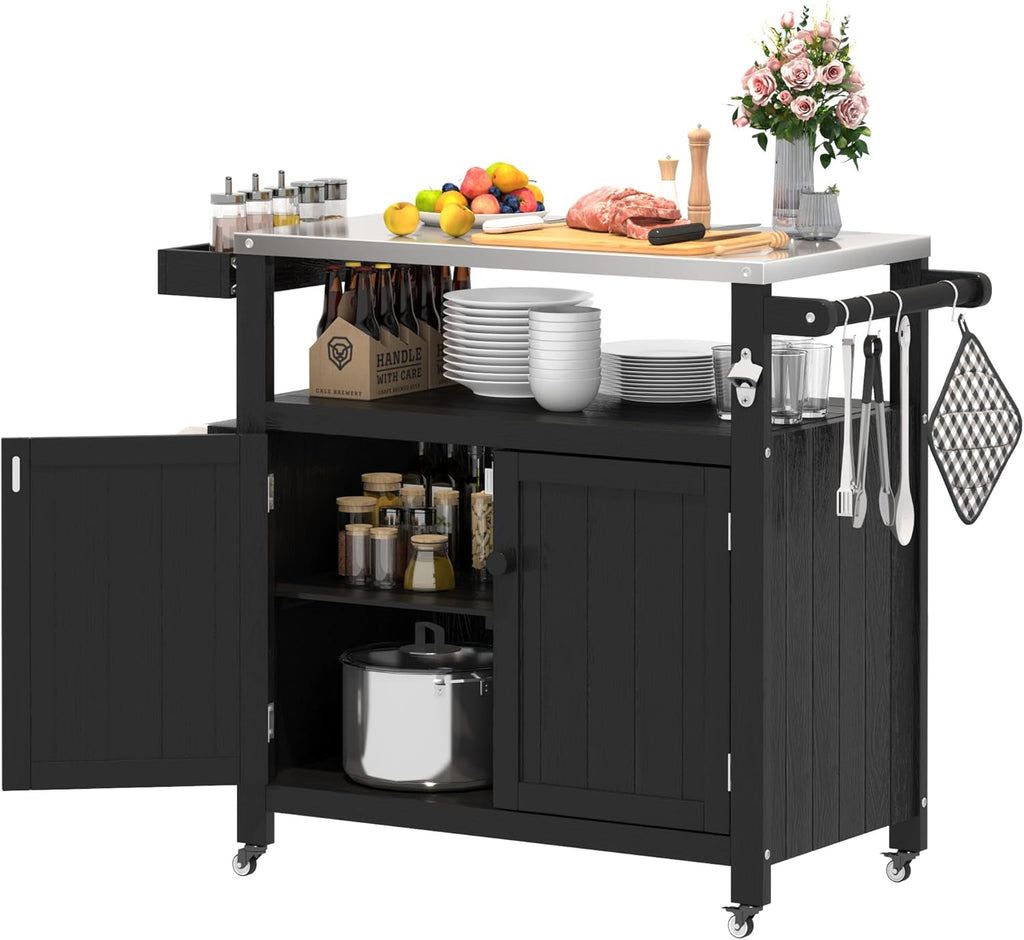 Weatherproof HIPS Outdoor Kitchen Island with Stainless Steel Top & Storage Cabinet, Movable Prep Table with Wheels for BBQ Food Prep, Outdoor Grill Cart for Parties, Black