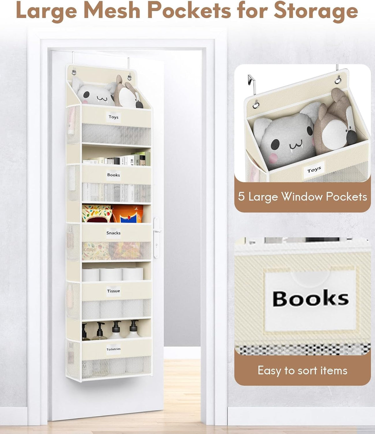 Over The Door Organizer Hanging, 2 Pack 5 Shelf Behind The Doors Storage, Pantry Door Organizer, Closet Organizers for Bedroom and Nursery (Beige)
