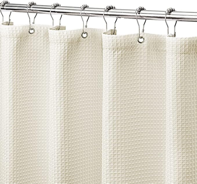 MISS SELECTEX Machine Washable Cloth Shower Curtain, Matt Waffle Durable Thick Cloth Shower Curtain for Bathroom,Premium Water Repellent Fabric Luxury Spa Hotel Shower Curtain(72Wx84H,Ecru/Beige)