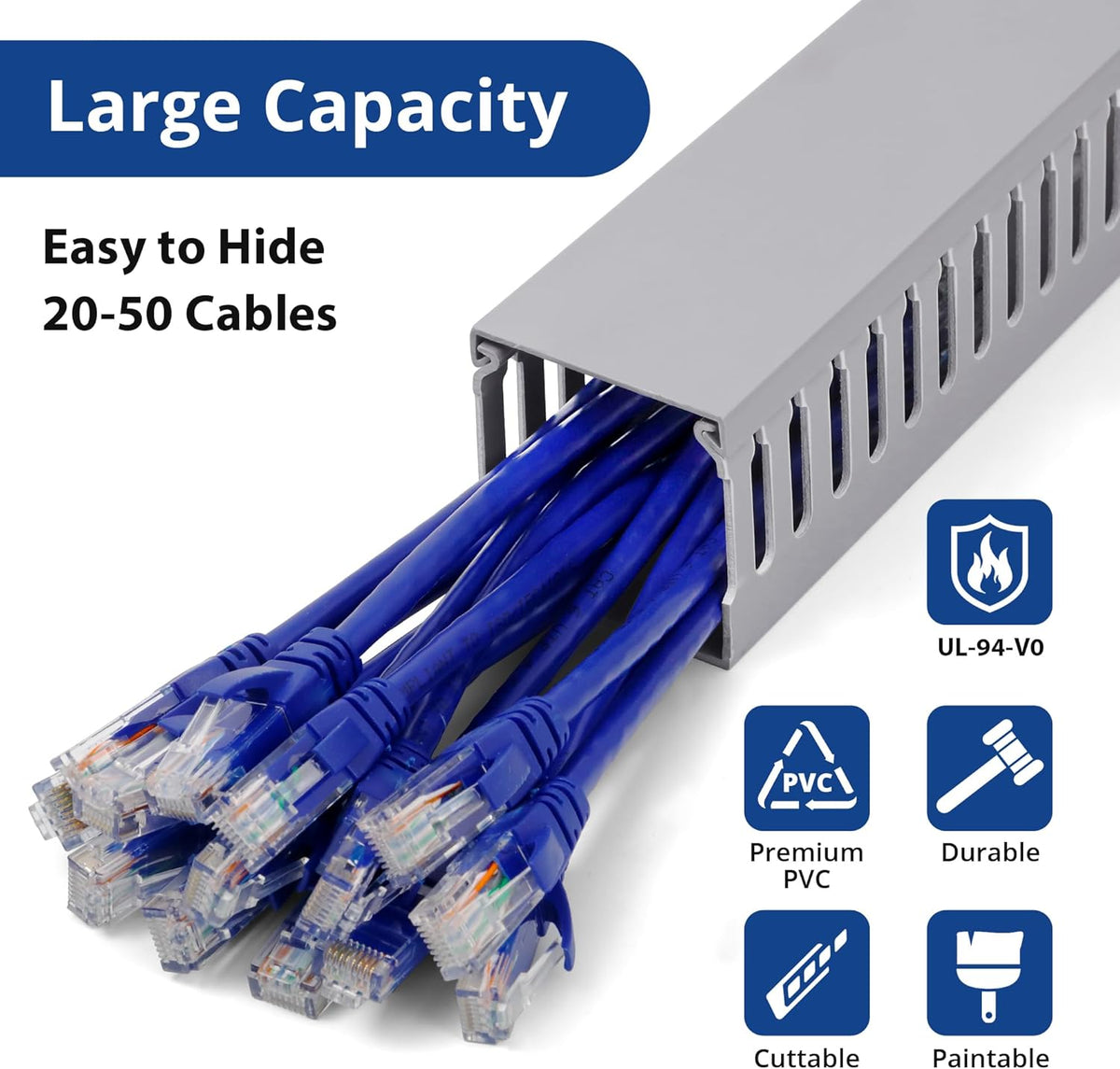 ZhiYo H2 x W2.4in Professional Server Rack Cable Management Raceway, 95in(4X L23.6in) Cable Raceway Kit, Electrically Safe PVC, Open Slot Wire Cord Hider for Under Desk/Computer/Network Cords