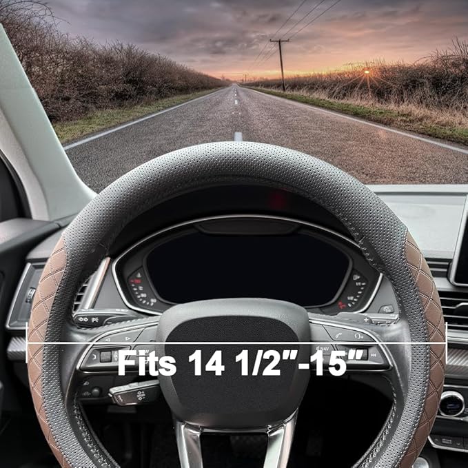 LKWLIKEI Nappa Leather Steering Wheel Cover,Elegant Diamond Checkered Design, Non-Slip wear-Resistant, Enhance Driving Comfort, Suitable for Steering Wheel Diameter 14 1/2‘-15’ Models.Black Brown