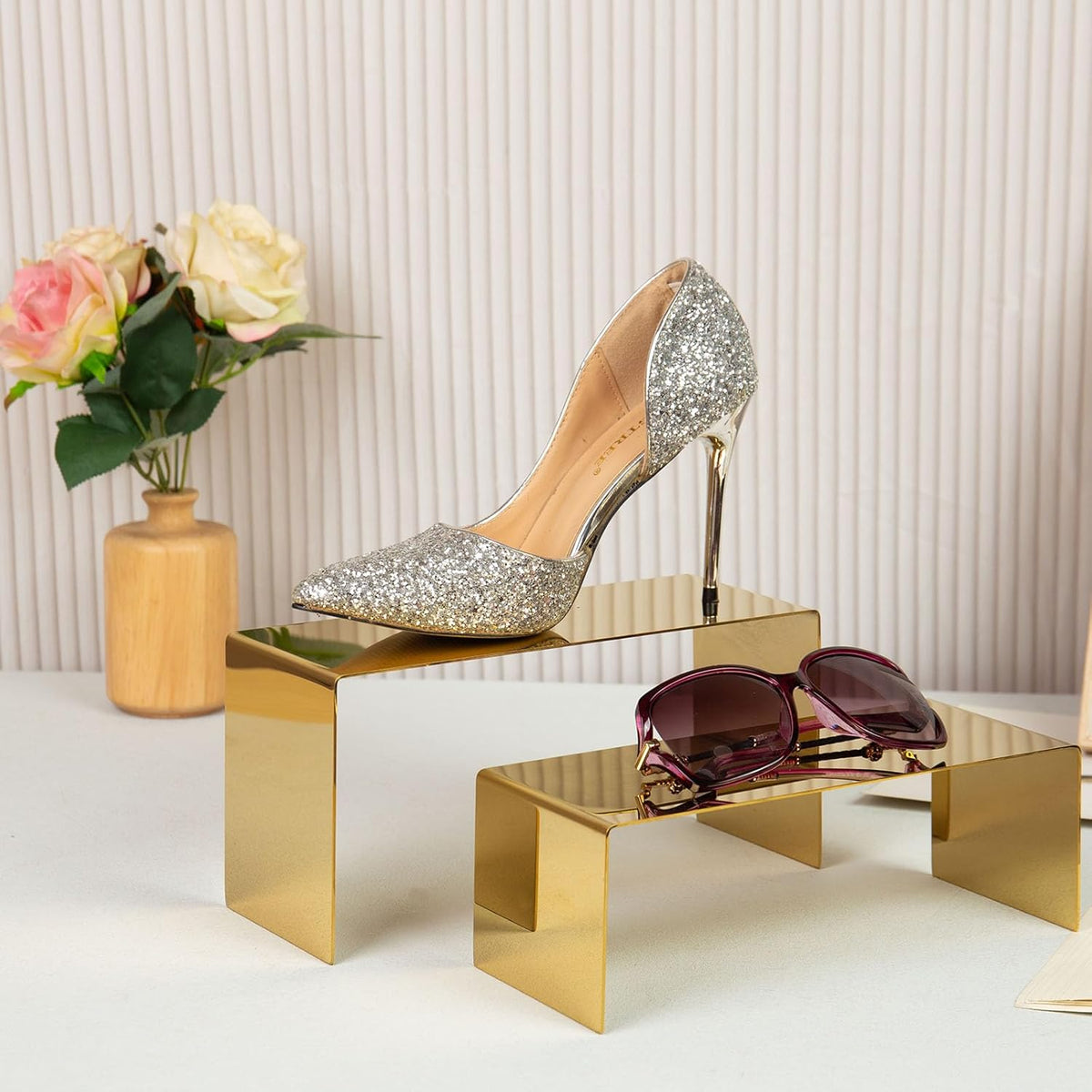 Purse Display Stand, 3 Gold Risers Display Stands Stainless Steel, Heavy Duty Countertop Shoes Stand Handbag Holder Risers for Home Boutique Retail Store Vendor Display Bags Perfume Jewelry Craft
